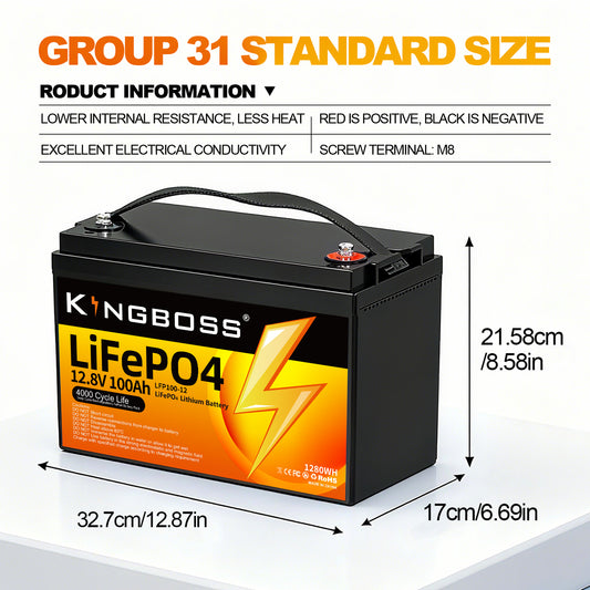 Kingboss 12.8V 100Ah LiFePO4 Battery, 100A BMS, 8000+ Deep Cycles, 1280Wh Lithium Iron Phosphate Battery for RV, Camper, Solar System, Home Backup