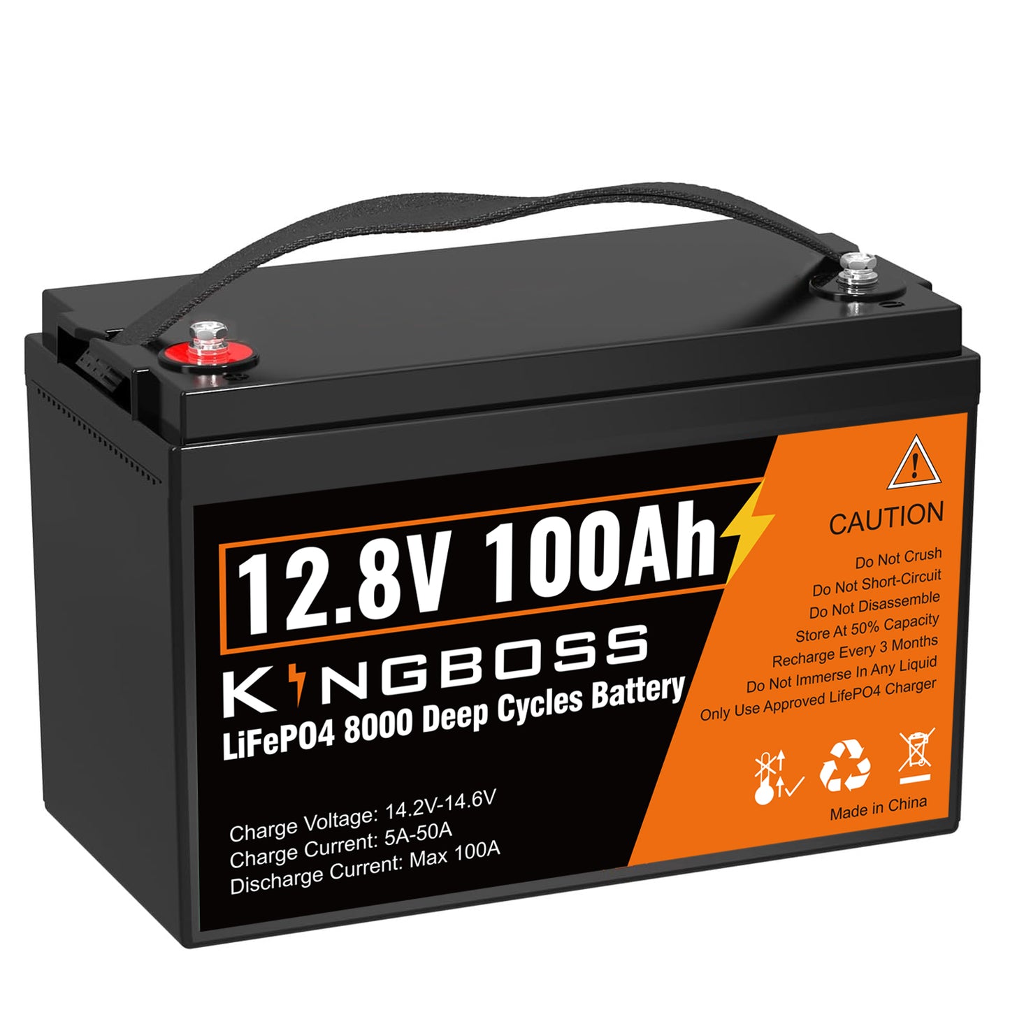 Kingboss 12.8V 100Ah LiFePO4 Battery, Built-in BMS, Long Cycle Life, 1280Wh for RV & Solar