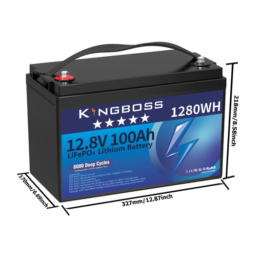 Kingboss 12.8V 100Ah LiFePO4 Battery, 100A Smart BMS, Up to 15000 Cycles, IP65 Waterproof, Low-Temp Protection, 1280Wh for RV, Marine, Trolling Motor, Solar, Off-Grid
