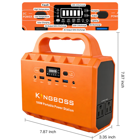 Kingboss 100W Portable Power Station, 96Wh LiFePO4 Battery Small Generator Ultra-Light, 65W Fast Charging 3000+ Cycles Solar Power Bank AC/DC/USB-C/A Outputs for Camping Home Backup Outdoor