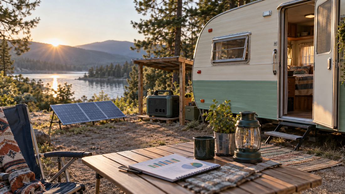 A vintage-style travel trailer parked beside a calm lake at sunset, with solar panels and a portable power station set up nearby, a wooden table with a notebook and lantern in the foreground, illustrating an off-grid RV campsite powered by clean energy.