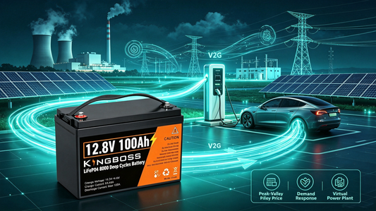 Kingboss 12.8V 100Ah LiFePO4 battery blog cover, V2G energy flow between power plant, solar panels, electric vehicle selling power back to grid, peak‑valley electricity arbitrage concept