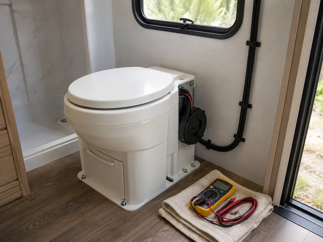 Composting toilet in an RV bathroom with neatly routed 12V wiring during installation