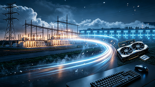 Night scene of power substation and data center with GPU graphics card, computer memory and high‑speed light trail, AI computing energy infrastructure