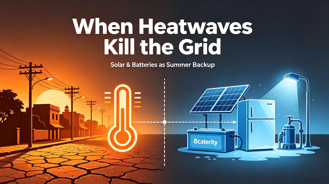 Blog cover When Heatwaves Kill the Grid, split visual heat grid failure vs solar battery summer outage backup