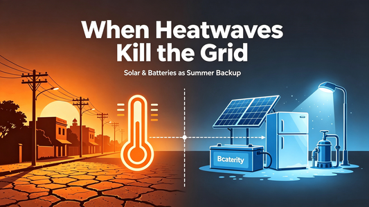 Blog cover When Heatwaves Kill the Grid, split visual heat grid failure vs solar battery summer outage backup