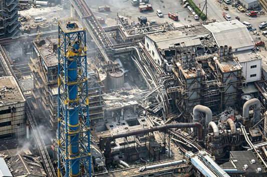 Ruined industrial energy facility after disaster, Kingboss 100Ah LiFePO4 battery for off-grid emergency storage