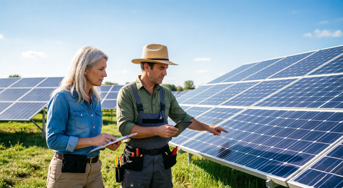 A male solar technician wearing a straw hat and tool belt pointing at a ground-mounted solar panel array while holding a tablet. A woman stands beside him holding a clipboard, reviewing the installation in a grassy field under a clear blue sky.