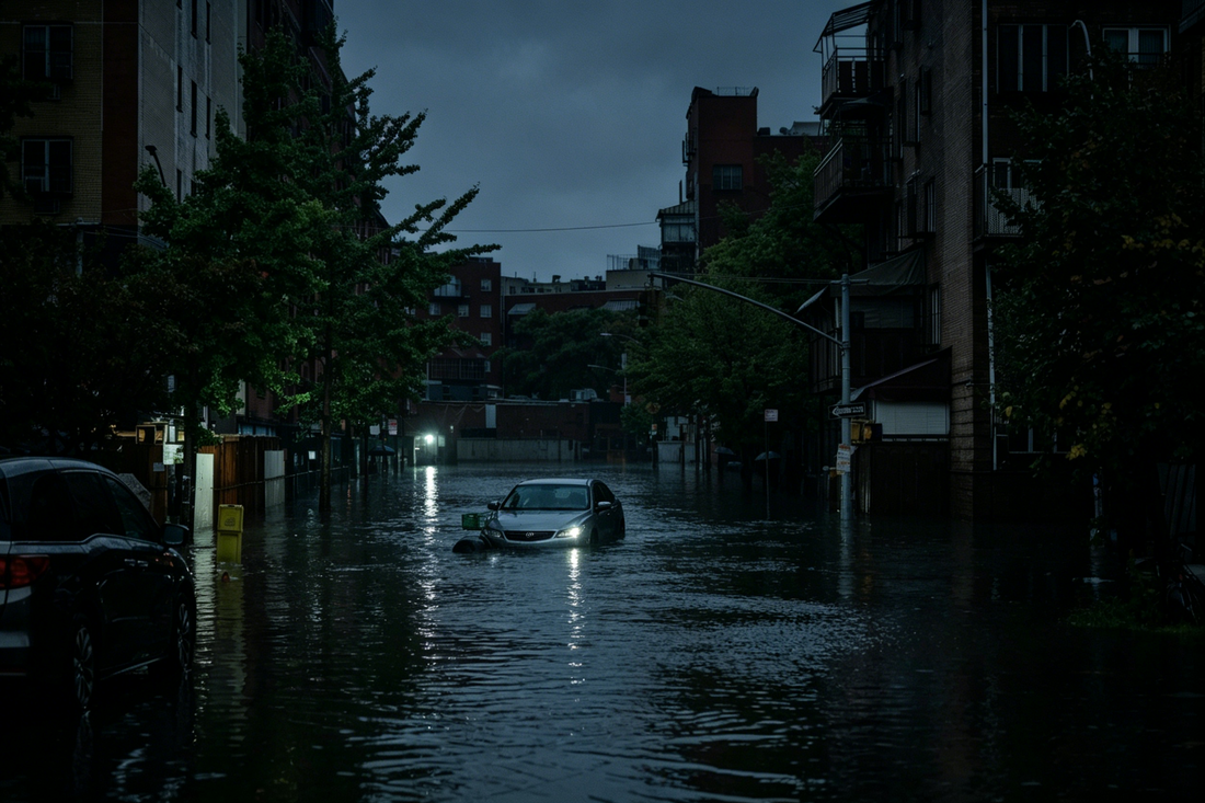 NYC Urban Street Flash Flood at Night | Submerged Cars in Inundated City Road After Heavy Rainstorm Natural Disaster Photo