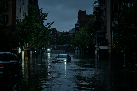 NYC Urban Street Flash Flood at Night | Submerged Cars in Inundated City Road After Heavy Rainstorm Natural Disaster Photo