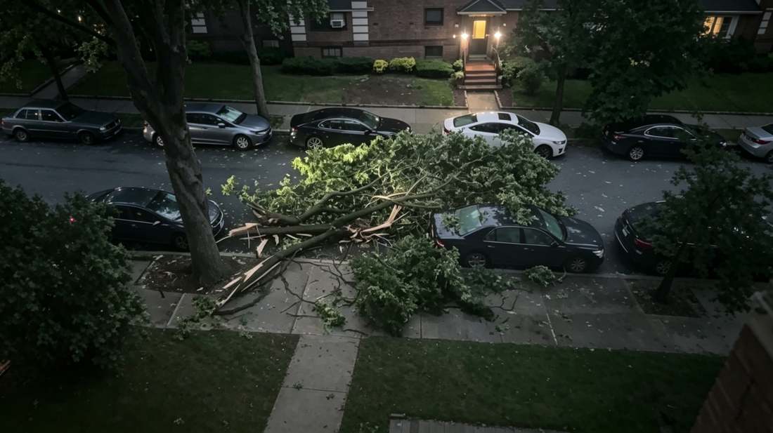 Storm-Damaged Residential Street Scene with Fallen Tree Crushed Car | Nighttime Natural Disaster Photo for Emergency Home Backup Battery Marketing