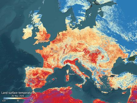 Copernicus Sentinel-3 satellite real thermal photo of Europe 2026 late-May heat dome, extreme red high land surface temperature covering France, Spain, Romania, Hungary, official ESA climate imagery for heatwave blog