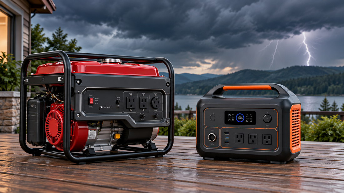 Portable gas generator and LiFePO4 battery power station compared outdoors before a storm