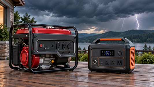 Portable gas generator and LiFePO4 battery power station compared outdoors before a storm