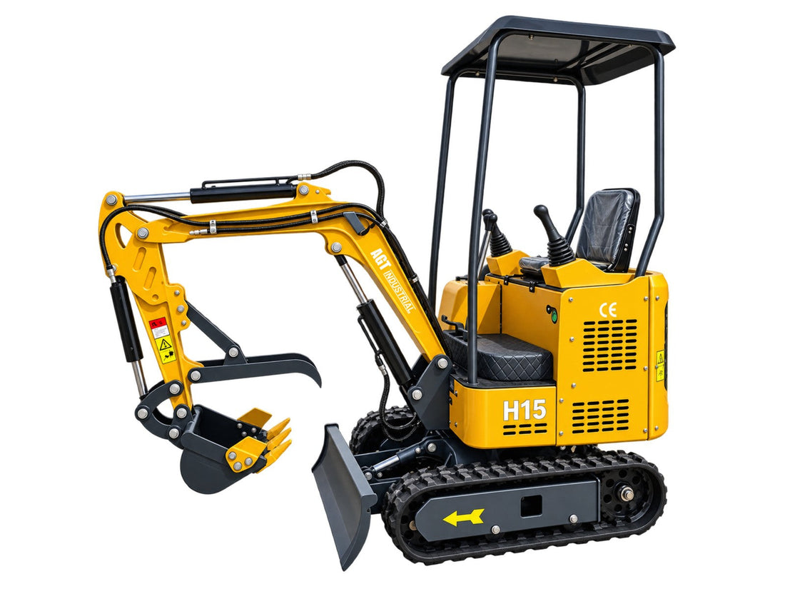 Compact 1.5 ton mini excavator with a digging bucket and thumb, the size of machine used to dig a buried power trench from a solar array to a battery bank.