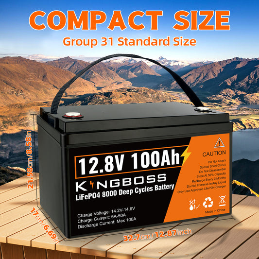 Kingboss 12.8V 100Ah LiFePO4 Battery, Built-in BMS, Long Cycle Life, 1280Wh for RV & Solar