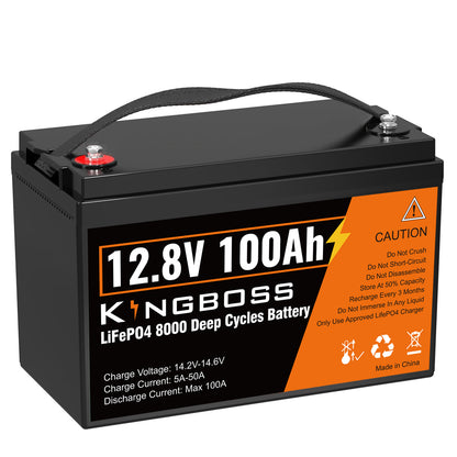 Kingboss 12.8V 100Ah LiFePO4 Battery, Built-in BMS, Long Cycle Life, 1280Wh for RV & Solar