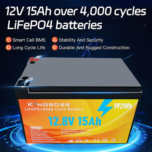 Kingboss 12V 15Ah LiFePO4 Lithium Battery, LiFePO4 Battery Built-in BMS 4000+ Deep Cycles Lithium Iron Phosphate Batterys Waterproof for Solar, Lighting, Power Wheels, Fish Finder, Camping, Home Alarm