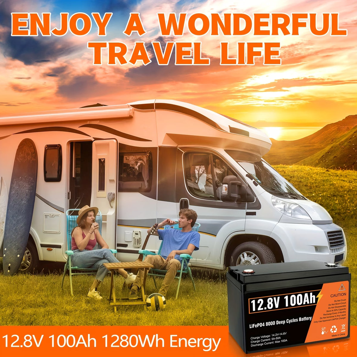 Kingboss 12.8V 100Ah LiFePO4 Battery, Built-in BMS, Long Cycle Life, 1280Wh for RV & Solar
