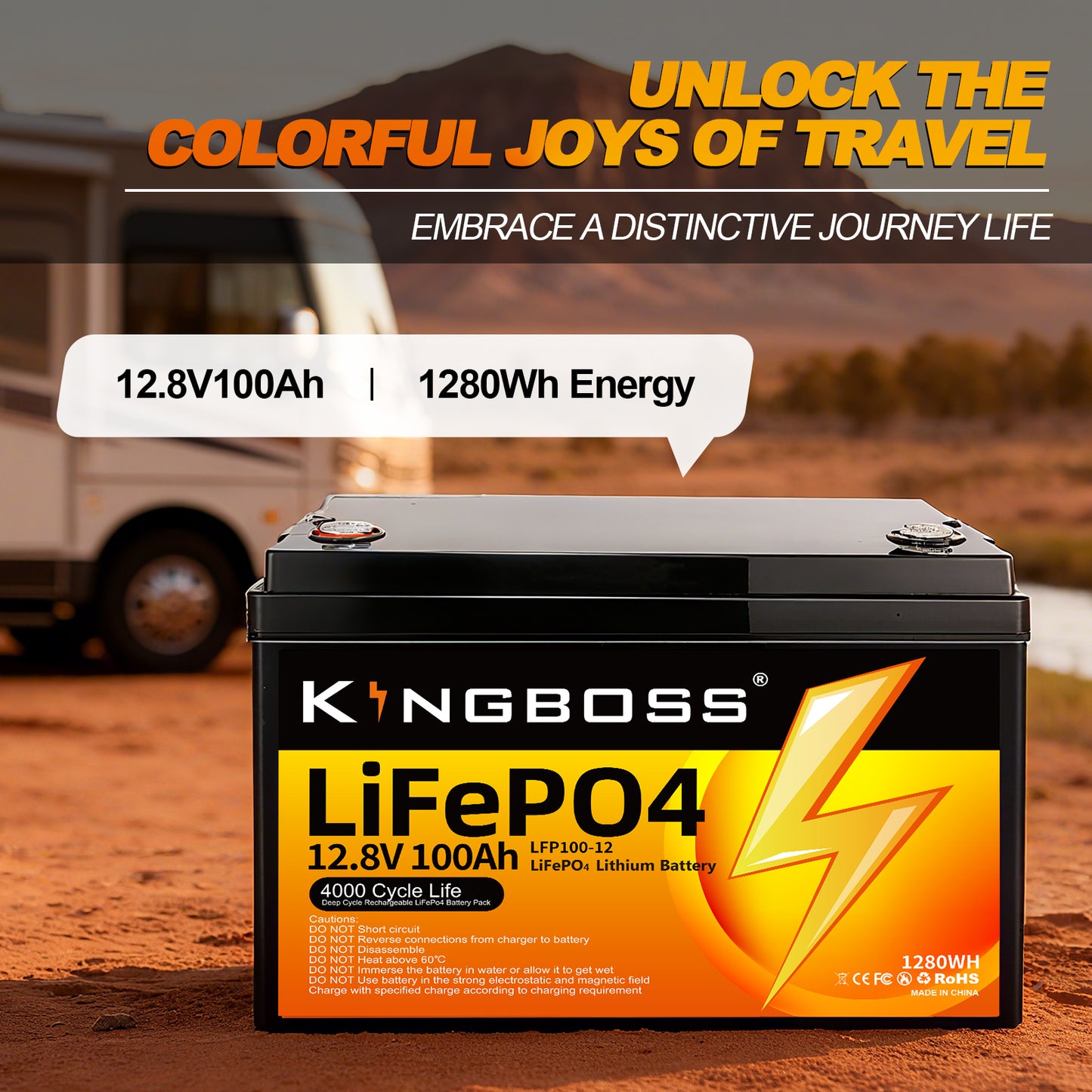 Kingboss 12.8V 100Ah LiFePO4 Battery, 100A BMS, 8000+ Deep Cycles, 1280Wh Lithium Iron Phosphate Battery for RV, Camper, Solar System, Home Backup