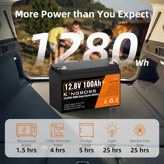 Kingboss 12.8V 100Ah LiFePO4 Battery, Built-in BMS, Long Cycle Life, 1280Wh for RV & Solar