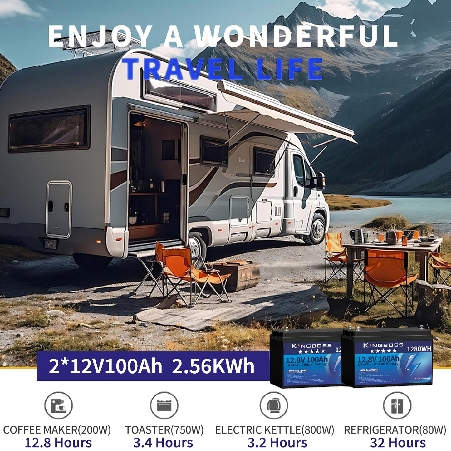 Kingboss 12.8V 100Ah LiFePO4 Battery, 100A Smart BMS, Up to 15000 Cycles, IP65 Waterproof, Low-Temp Protection, 1280Wh for RV, Marine, Trolling Motor, Solar, Off-Grid