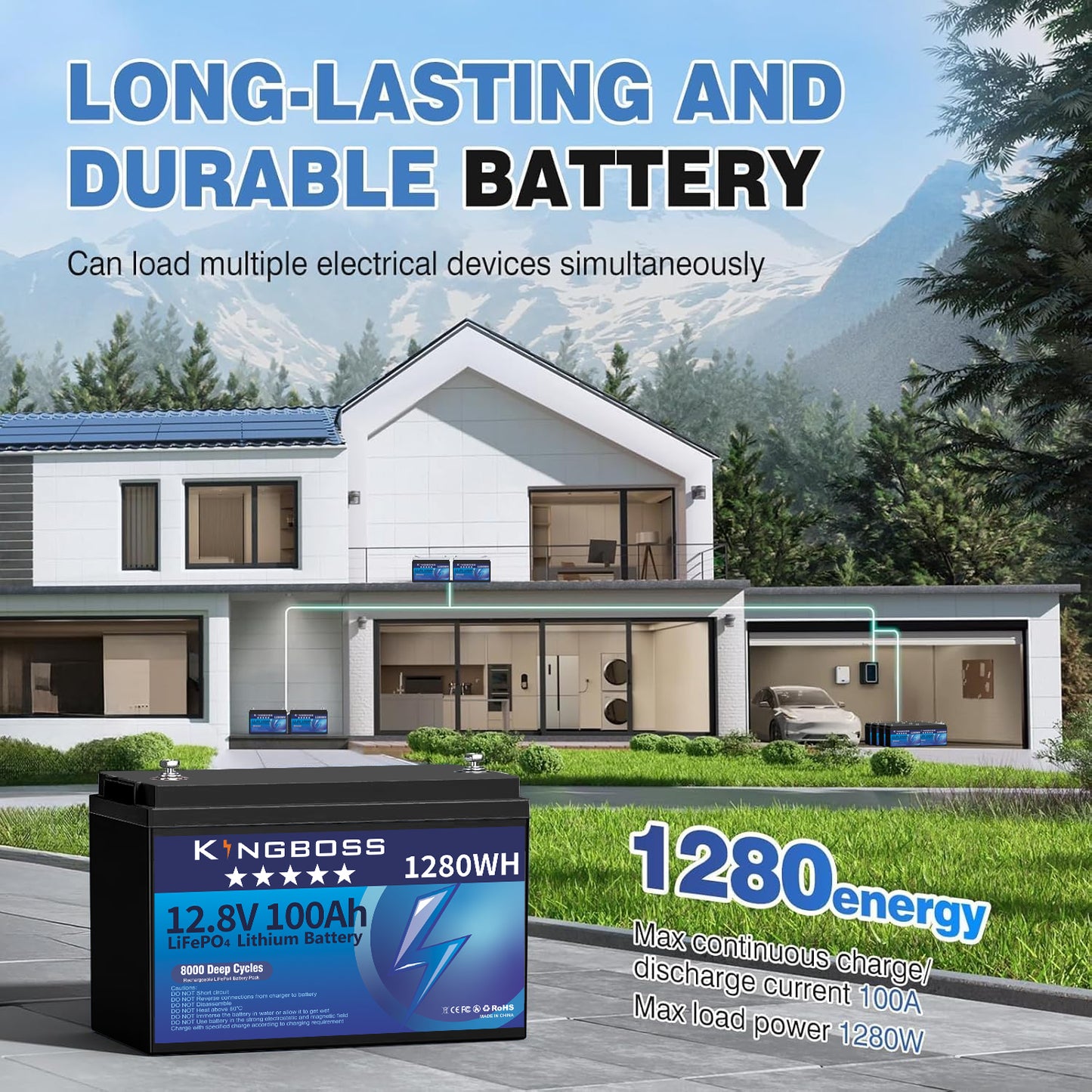Kingboss 12.8V 100Ah LiFePO4 Battery, 100A Smart BMS, Up to 15000 Cycles, IP65 Waterproof, Low-Temp Protection, 1280Wh for RV, Marine, Trolling Motor, Solar, Off-Grid