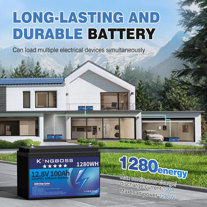 Kingboss 12.8V 100Ah LiFePO4 Battery, 100A Smart BMS, Up to 15000 Cycles, IP65 Waterproof, Low-Temp Protection, 1280Wh for RV, Marine, Trolling Motor, Solar, Off-Grid