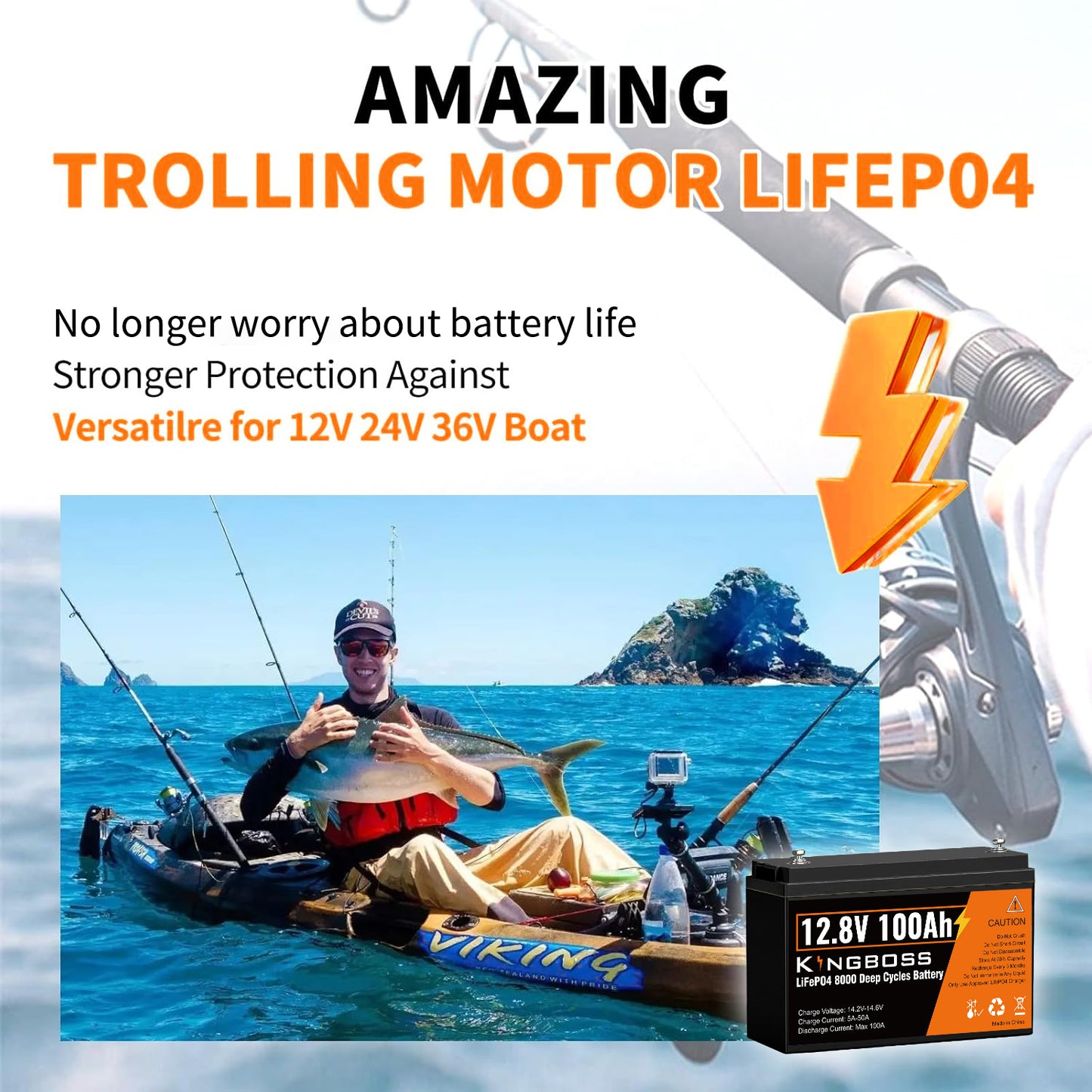 Kingboss 12.8V 100Ah LiFePO4 Battery, Built-in BMS, Long Cycle Life, 1280Wh for RV & Solar