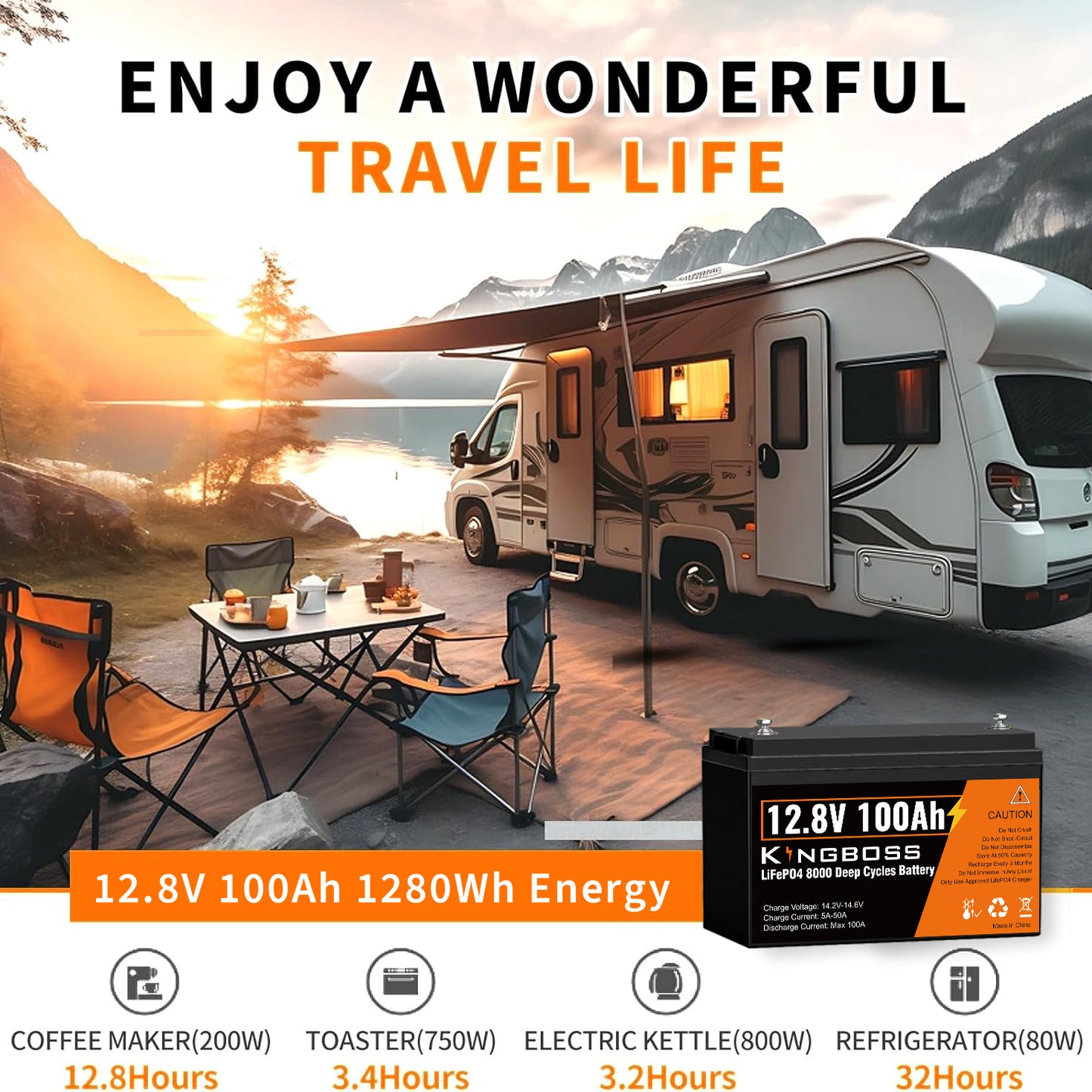 Kingboss 12.8V 100Ah LiFePO4 Battery, Built-in BMS, Long Cycle Life, 1280Wh for RV & Solar