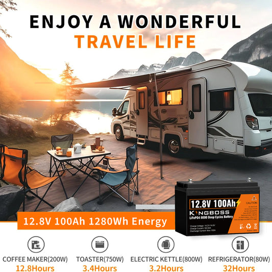 Kingboss 12.8V 100Ah LiFePO4 Battery, Built-in BMS, Long Cycle Life, 1280Wh for RV & Solar