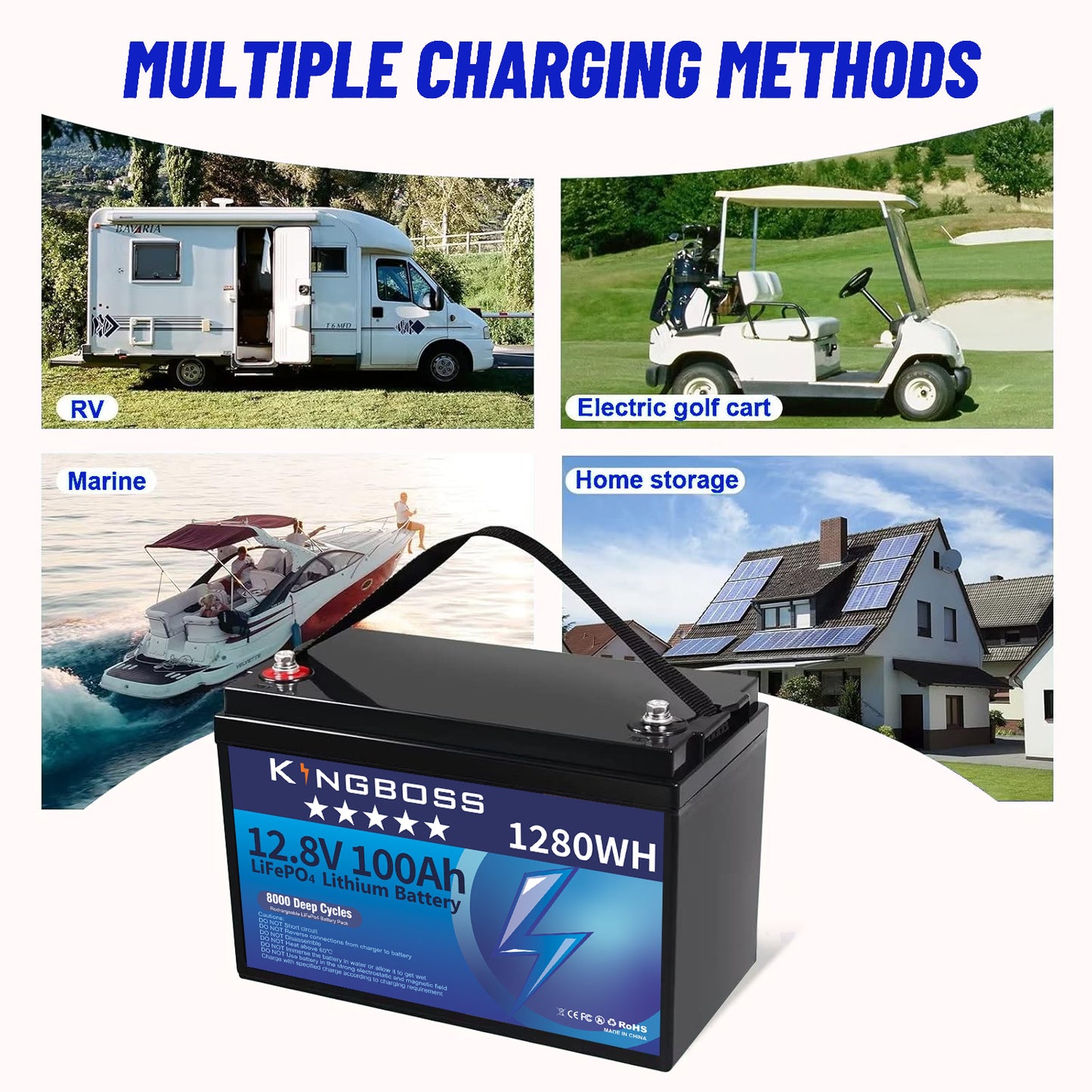 Kingboss 12.8V 100Ah LiFePO4 Battery, 100A Smart BMS, Up to 15000 Cycles, IP65 Waterproof, Low-Temp Protection, 1280Wh for RV, Marine, Trolling Motor, Solar, Off-Grid