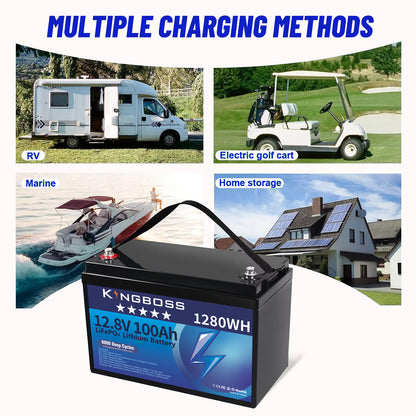 Kingboss 12.8V 100Ah LiFePO4 Battery, 100A Smart BMS, Up to 15000 Cycles, IP65 Waterproof, Low-Temp Protection, 1280Wh for RV, Marine, Trolling Motor, Solar, Off-Grid