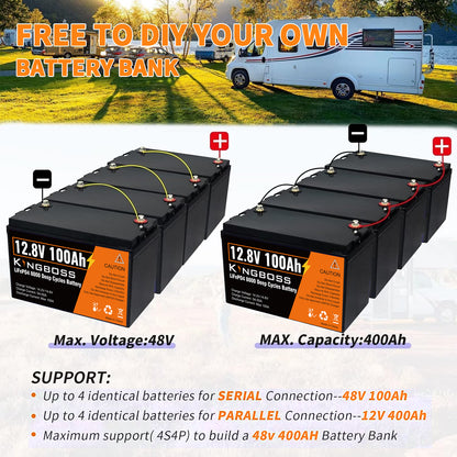 Kingboss 12.8V 100Ah LiFePO4 Battery, Built-in BMS, Long Cycle Life, 1280Wh for RV & Solar