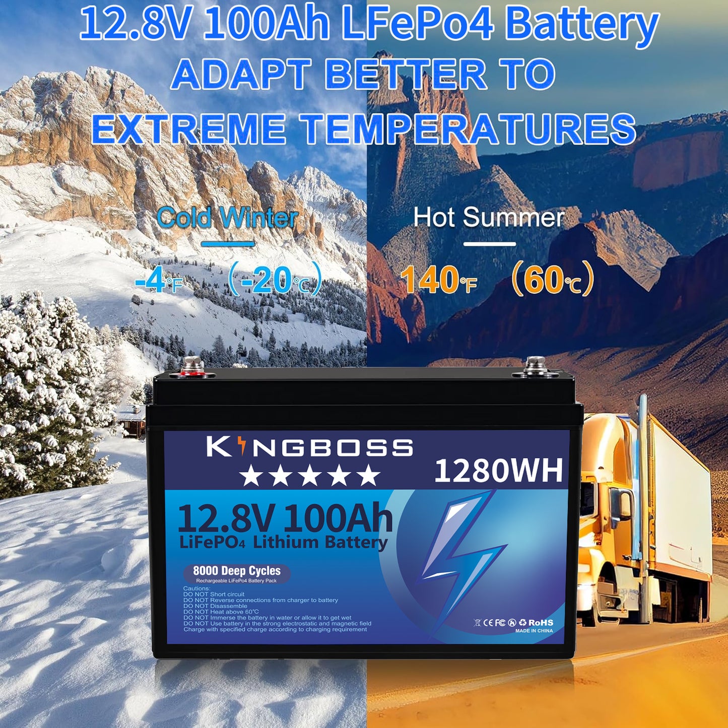 Kingboss 12.8V 100Ah LiFePO4 Battery, 100A Smart BMS, Up to 15000 Cycles, IP65 Waterproof, Low-Temp Protection, 1280Wh for RV, Marine, Trolling Motor, Solar, Off-Grid