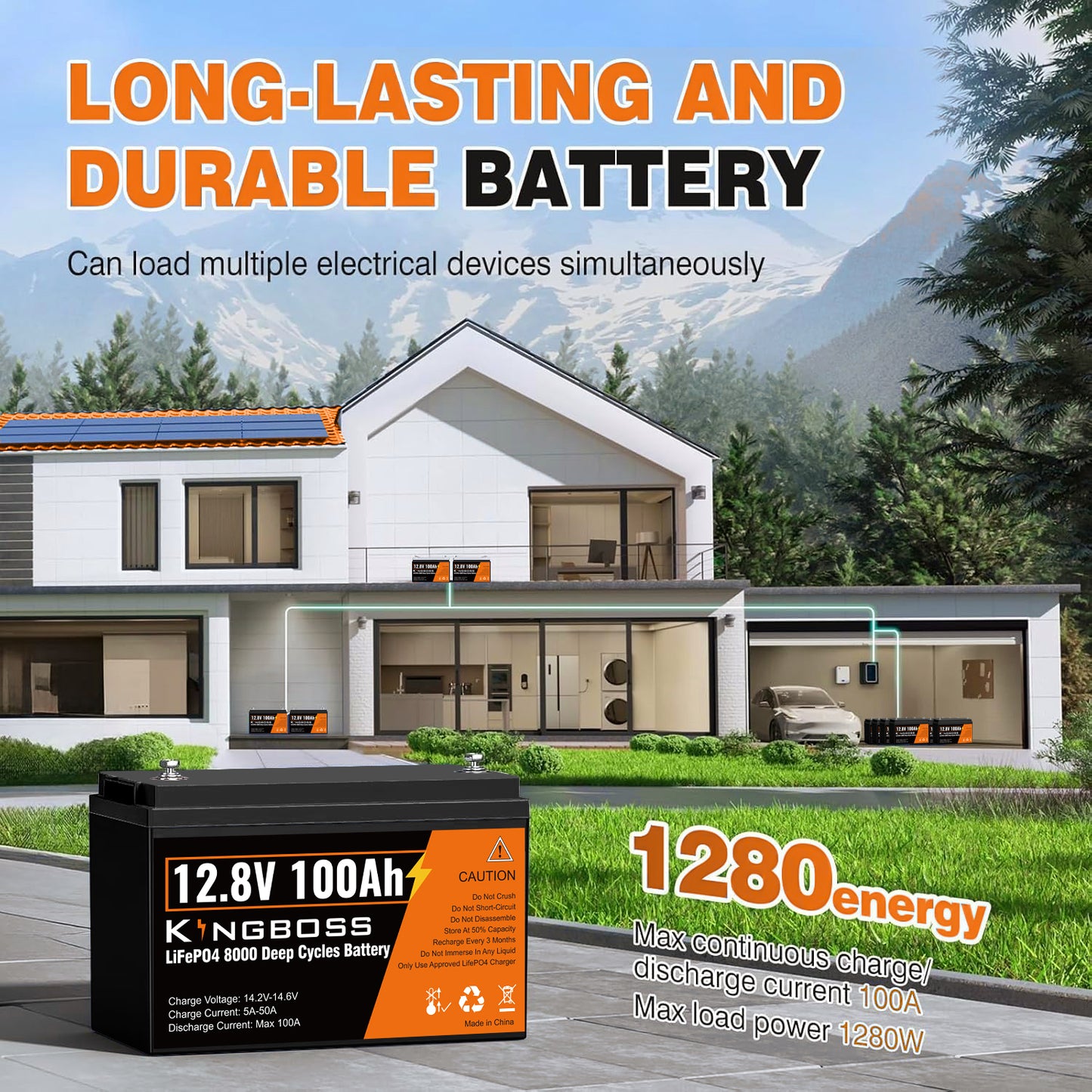 Kingboss 12.8V 100Ah LiFePO4 Battery, Built-in BMS, Long Cycle Life, 1280Wh for RV & Solar