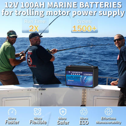 Kingboss 12.8V 100Ah LiFePO4 Battery, 100A Smart BMS, Up to 15000 Cycles, IP65 Waterproof, Low-Temp Protection, 1280Wh for RV, Marine, Trolling Motor, Solar, Off-Grid