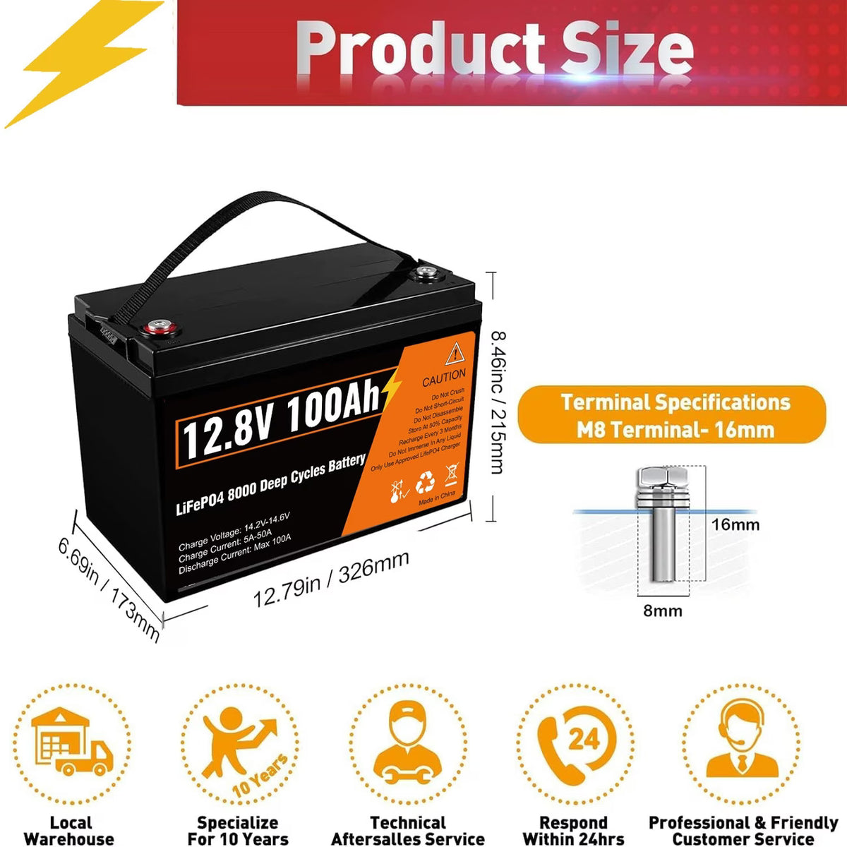 Kingboss 12.8V 100Ah LiFePO4 Battery, Built-in BMS, Long Cycle Life, 1280Wh for RV & Solar