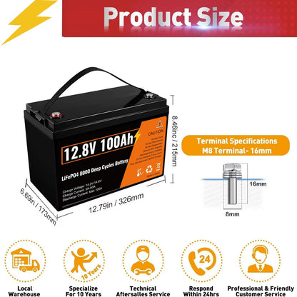 Kingboss 12.8V 100Ah LiFePO4 Battery, Built-in BMS, Long Cycle Life, 1280Wh for RV & Solar