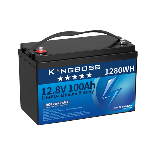 Kingboss 12.8V 100Ah LiFePO4 Battery, 100A Smart BMS, Up to 15000 Cycles, IP65 Waterproof, Low-Temp Protection, 1280Wh for RV, Marine, Trolling Motor, Solar, Off-Grid