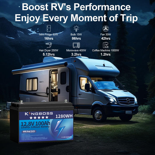 Kingboss 12.8V 100Ah LiFePO4 Battery, 100A Smart BMS, Up to 15000 Cycles, IP65 Waterproof, Low-Temp Protection, 1280Wh for RV, Marine, Trolling Motor, Solar, Off-Grid