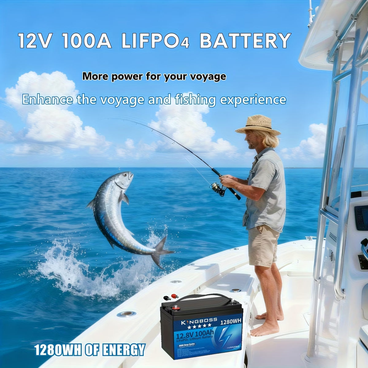 Kingboss 12.8V 100Ah LiFePO4 Battery, 100A Smart BMS, Up to 15000 Cycles, IP65 Waterproof, Low-Temp Protection, 1280Wh for RV, Marine, Trolling Motor, Solar, Off-Grid