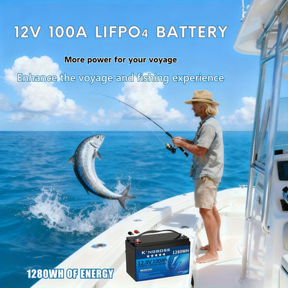 Kingboss 12.8V 100Ah LiFePO4 Battery, 100A Smart BMS, Up to 15000 Cycles, IP65 Waterproof, Low-Temp Protection, 1280Wh for RV, Marine, Trolling Motor, Solar, Off-Grid