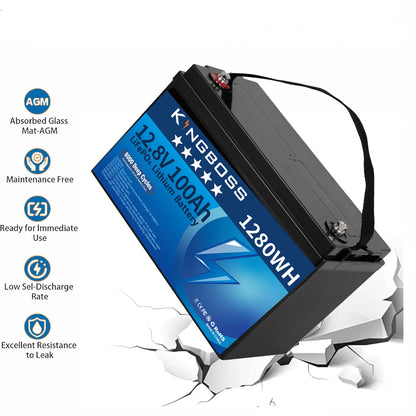 Kingboss 12.8V 100Ah LiFePO4 Battery, 100A Smart BMS, Up to 15000 Cycles, IP65 Waterproof, Low-Temp Protection, 1280Wh for RV, Marine, Trolling Motor, Solar, Off-Grid