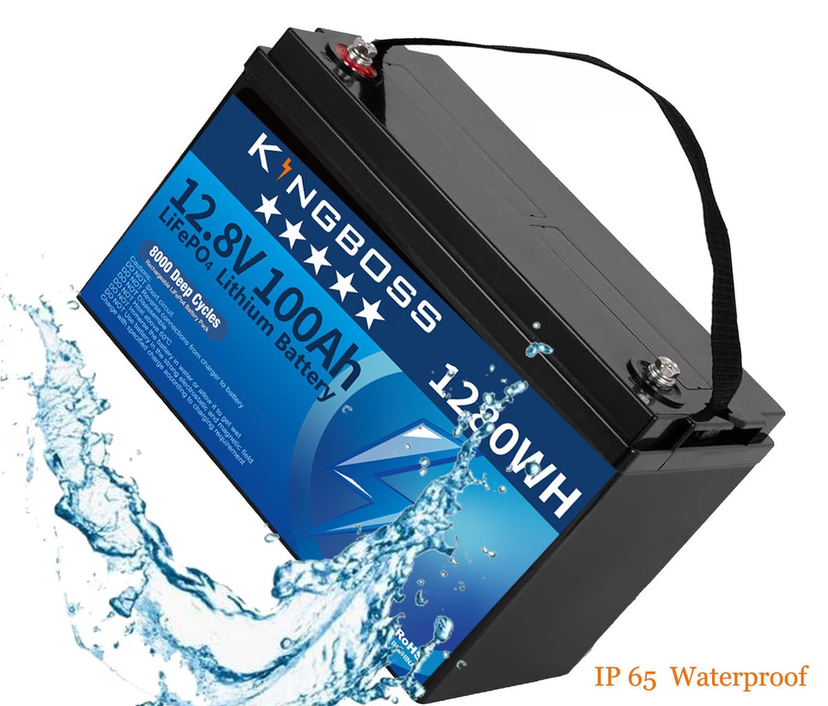 Kingboss 12.8V 100Ah LiFePO4 Battery, 100A Smart BMS, Up to 15000 Cycles, IP65 Waterproof, Low-Temp Protection, 1280Wh for RV, Marine, Trolling Motor, Solar, Off-Grid