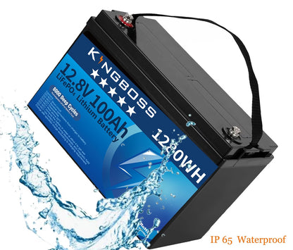 Kingboss 12.8V 100Ah LiFePO4 Battery, 100A Smart BMS, Up to 15000 Cycles, IP65 Waterproof, Low-Temp Protection, 1280Wh for RV, Marine, Trolling Motor, Solar, Off-Grid