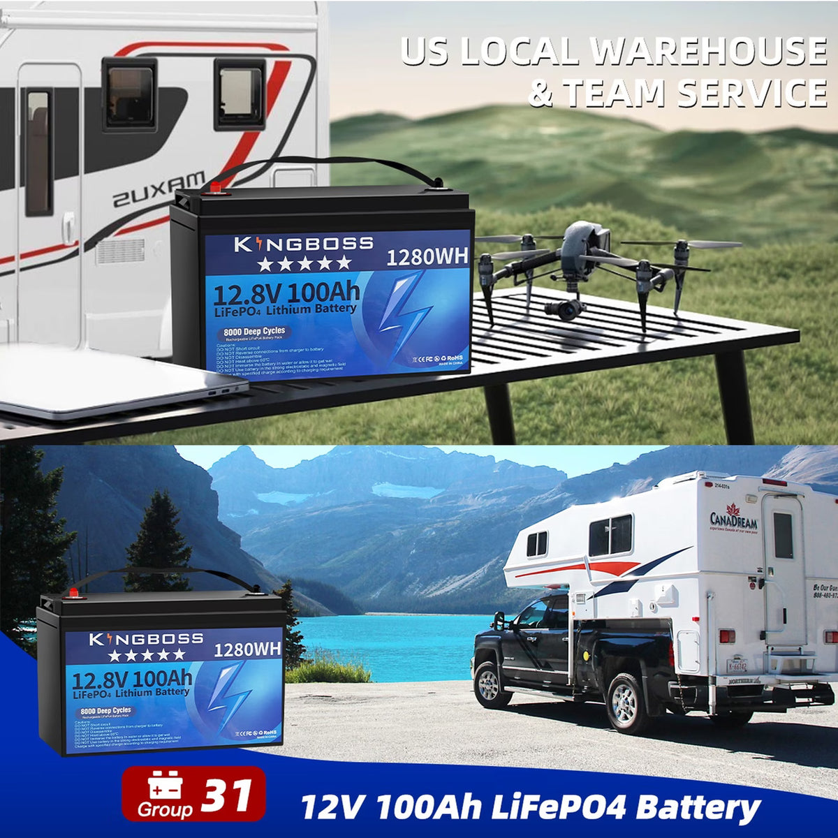 Kingboss 12.8V 100Ah LiFePO4 Battery, 100A Smart BMS, Up to 15000 Cycles, IP65 Waterproof, Low-Temp Protection, 1280Wh for RV, Marine, Trolling Motor, Solar, Off-Grid