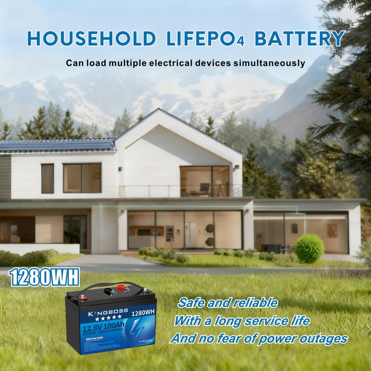 Kingboss 12.8V 100Ah LiFePO4 Battery, 100A Smart BMS, Up to 15000 Cycles, IP65 Waterproof, Low-Temp Protection, 1280Wh for RV, Marine, Trolling Motor, Solar, Off-Grid