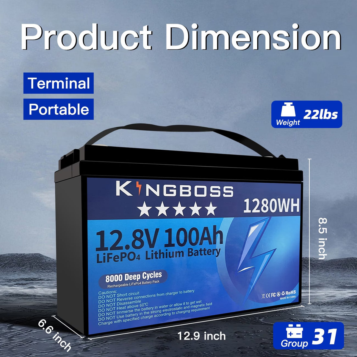 Kingboss 12.8V 100Ah LiFePO4 Battery, 100A Smart BMS, Up to 15000 Cycles, IP65 Waterproof, Low-Temp Protection, 1280Wh for RV, Marine, Trolling Motor, Solar, Off-Grid