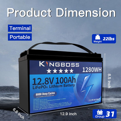 Kingboss 12.8V 100Ah LiFePO4 Battery, 100A Smart BMS, Up to 15000 Cycles, IP65 Waterproof, Low-Temp Protection, 1280Wh for RV, Marine, Trolling Motor, Solar, Off-Grid